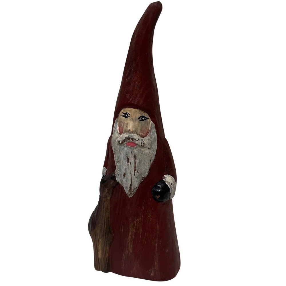 Handcrafted Rustic Wood Santa Figurine with Deer Folk Art Christmas Decor 8.75in